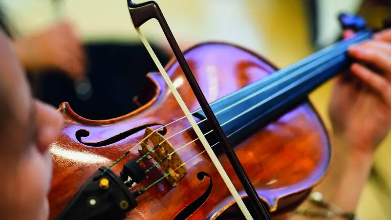 Detail view of an unrecognizable woman playing the violin in public.
