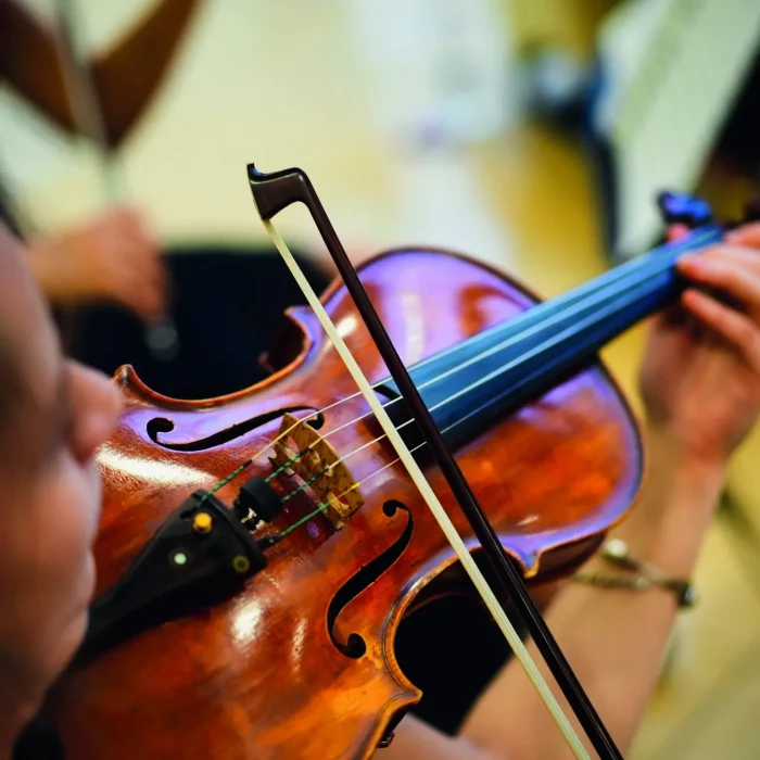 Detail view of an unrecognizable woman playing the violin in public.